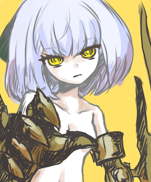 ame_no_hi bangs blunt_bangs collarbone convenient_censoring copyright_request gauntlets head_tilt looking_at_viewer nude short_hair simple_background solo white_hair yellow_background yellow_eyes