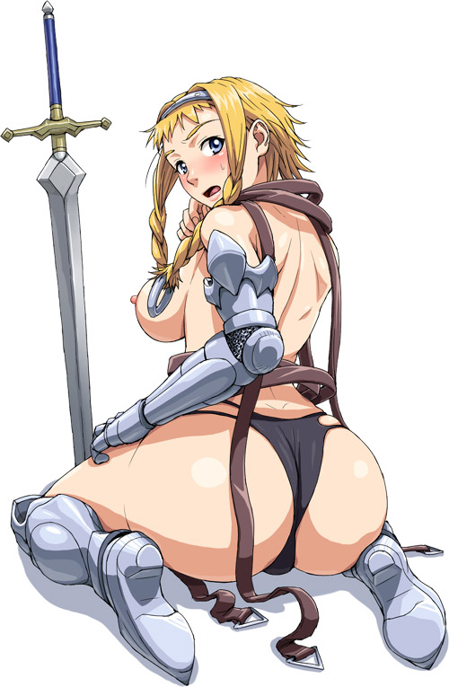 armor ass blonde_hair breasts huge_ass leina nipple nipples queen's_blade queen's_blade sideboob sword weapon