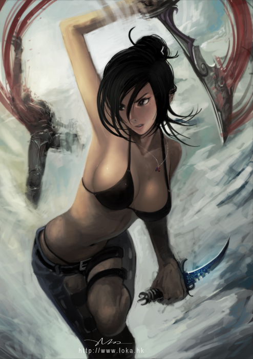 action armpits bikini_top black_hair blood breasts cleavage dagger death jewelry large_breasts loka lokman_lam mole mole_under_eye necklace reverse_grip rogue_(warcraft) solo sword thigh_strap warcraft weapon world_of_warcraft