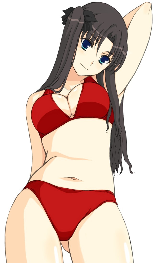 bikini black_hair blue_eyes breasts cleavage contrapposto fate/stay_night fate_(series) hand_behind_head head_tilt kamimiya long_hair medium_breasts navel red_bikini simple_background solo standing swimsuit toosaka_rin two_side_up white_background