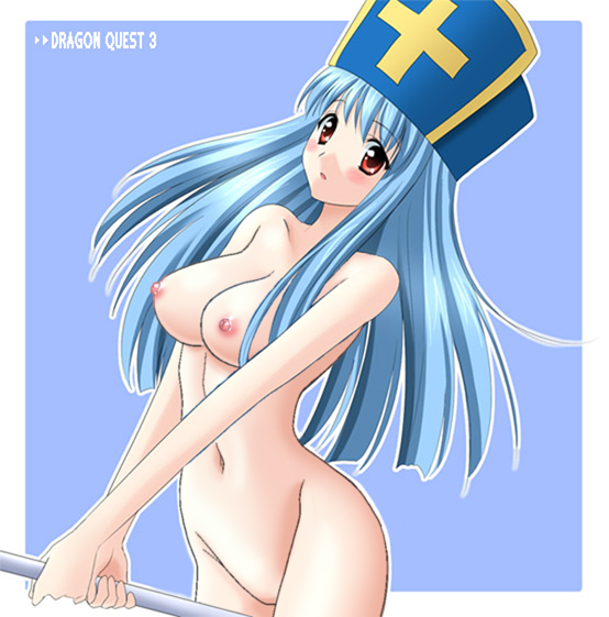 blue_background blue_hair blush breasts copyright_name dragon_quest dragon_quest_iii hat long_hair medium_breasts mitre nipples non-web_source nude priest_(dq3) red_eyes solo