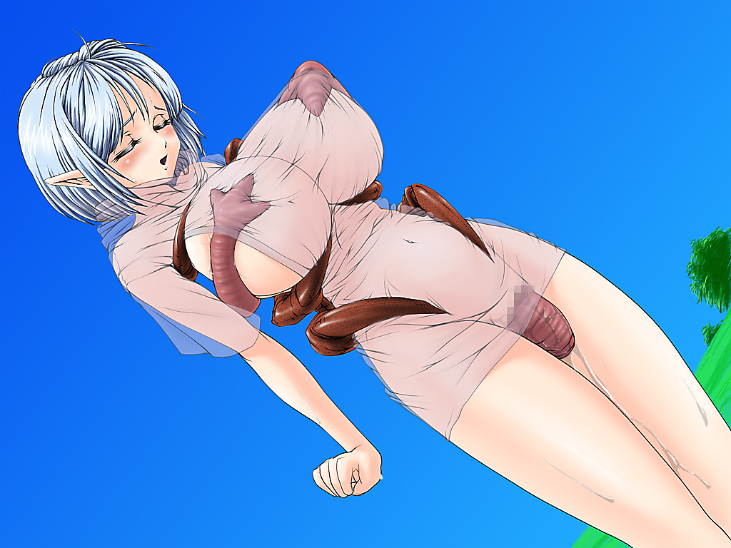 arms_at_sides artist_request bestiality blue_sky blush breast_grab breasts bug bulge cleavage closed_eyes day dutch_angle field grabbing hair_ornament hairclip huge_breasts insect large_breasts monster_girl outdoors short_hair silver_hair sky solo standing tentacles tentacles_under_clothes