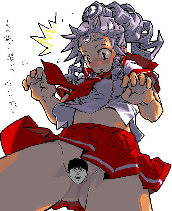 1girl akira ass_visible_through_thighs bare_arms blush breasts censored character_censor cowboy_shot dark_skin face flying_sweatdrops grey_hair kaneda_shoutarou medium_breasts miniskirt neckerchief no_panties nose_blush novelty_censor oekaki os-tan pleated_skirt ponytail red_neckwear red_sailor_collar red_skirt sailor_collar sanada-x school_uniform screw serafuku shirt short_sleeves sidelocks simple_background skirt solo surprised sweat sweatdrop vista-tan vistake white_background white_shirt