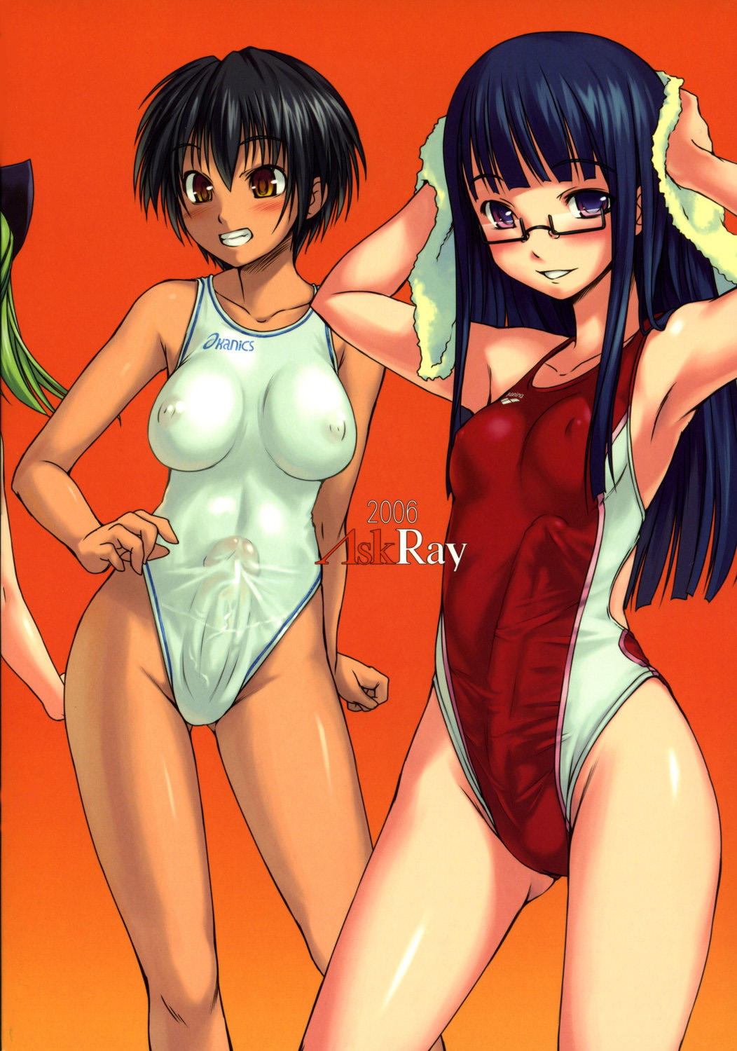 2girls askray bosshi cover futabu futanari highres lycra manga_cover multiple_girls one-piece_swimsuit school_swimsuit see-through spandex swimsuit