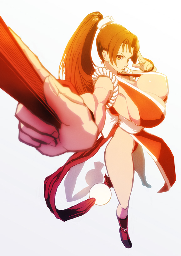 armpits blush boots breasts brown_eyes brown_hair cleavage closed_fan covered_nipples fan fatal_fury folding_fan foreshortening hands huge_breasts japanese_clothes kuruma_hajime legs long_hair ninja nipples outstretched_hand pelvic_curtain ponytail shiranui_mai sideboob solo the_king_of_fighters thighs tight