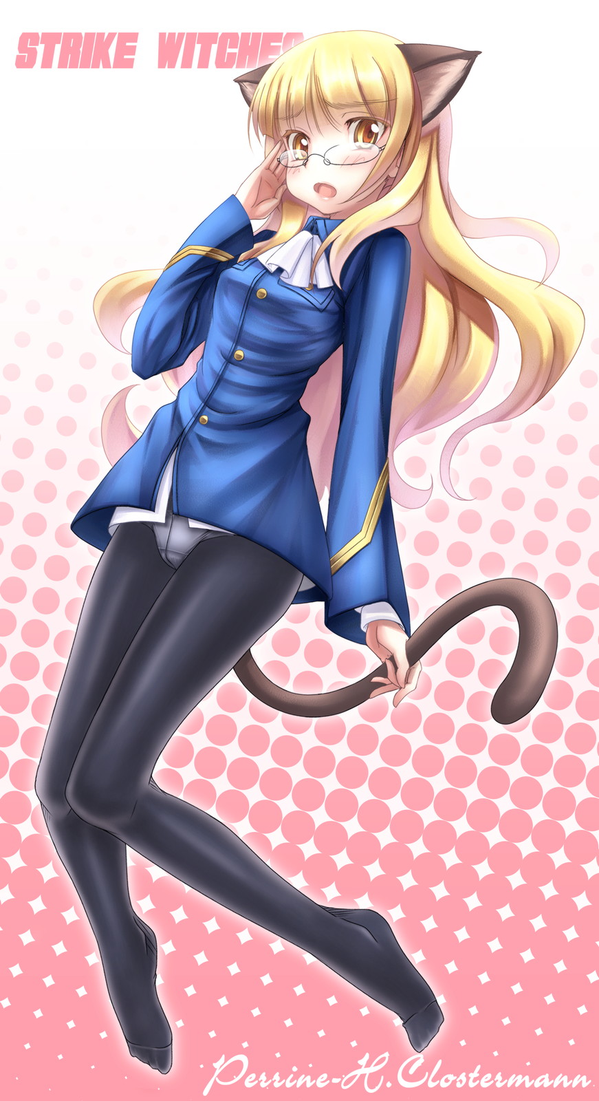 animal_ears blonde_hair blush cat_ears cat_tail crotch_seam feet glasses highres long_hair nanamiso panties panties_under_pantyhose pantyhose perrine_h_clostermann solo strike_witches tail underwear world_witches_series yellow_eyes
