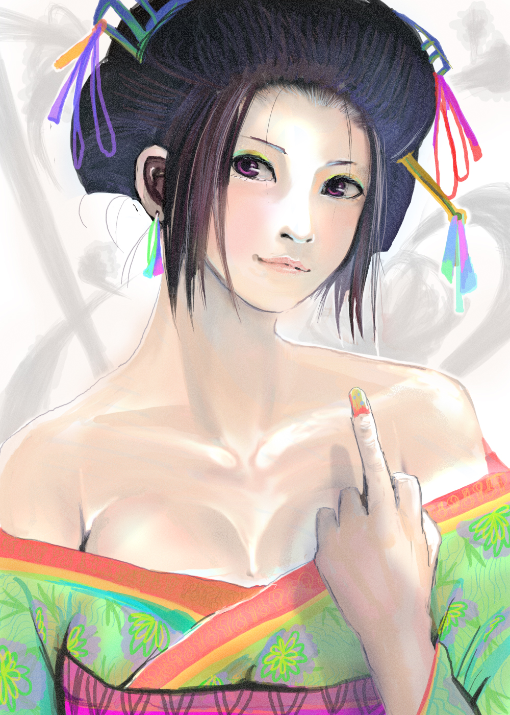 bare_shoulders black_hair breasts cleavage highres japanese_clothes kimono kyan-dog large_breasts middle_finger nail_art nail_polish original purple_eyes realistic solo