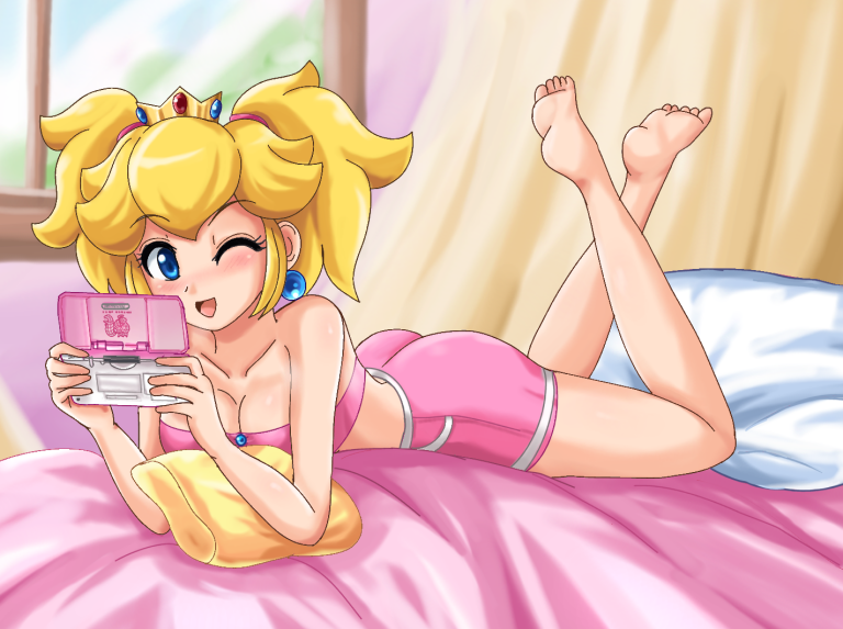 bare_feet barefoot bed breasts crown feet lying nintendo nintendo_ds pigtails princess_peach sigurdhosenfeld soles super_mario the_pose wink