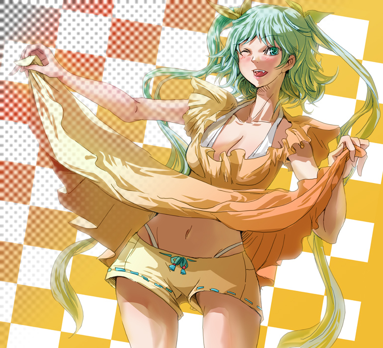 breasts cleavage copyright_request dress dress_lift green_hair halterneck long_hair medium_breasts one_eye_closed panties short_shorts shorts shorts_under_dress solo tanupo thong underwear upskirt very_long_hair wide_hips