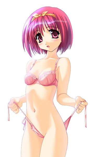blush bow bra breasts cleavage hair_ribbon kamigishi_akari lingerie navel non-web_source norizou_type-r panties pink_eyes pink_hair pink_panties ribbon short_hair side-tie_panties small_breasts solo standing to_heart transparent_background underwear underwear_only undressing untied yellow_bow