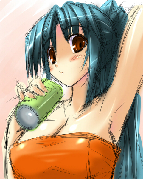 aonagi_hayate blue_hair blush breasts cleavage copyright_request large_breasts long_hair naked_towel red_eyes soda solo towel