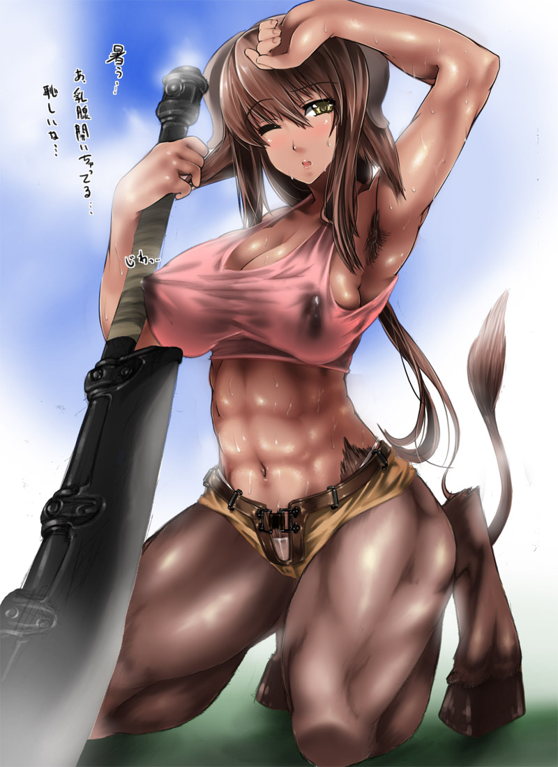 abs abubu armpit_hair armpits breasts brown_hair cleavage covered_nipples demon_girl hooves horns huge_breasts monster_girl muscle muscular_female one_eye_closed original solo sweat sword tail translation_request weapon yellow_eyes