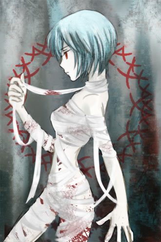 artist_request ayanami_rei bandages blood blue_hair lowres naked_bandage neon_genesis_evangelion nude pale_skin profile red_eyes short_hair solo