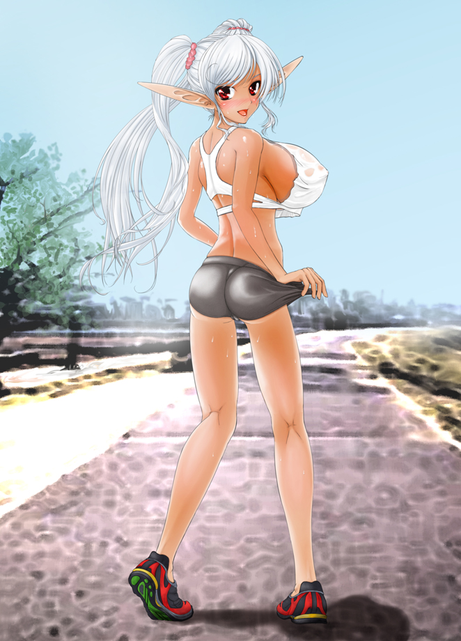 ass back bad_id bad_pixiv_id blush breasts copyright_request dark_skin huge_breasts long_hair looking_back pointy_ears red_eyes shiba_(pixiv244) solo sweat twintails white_hair