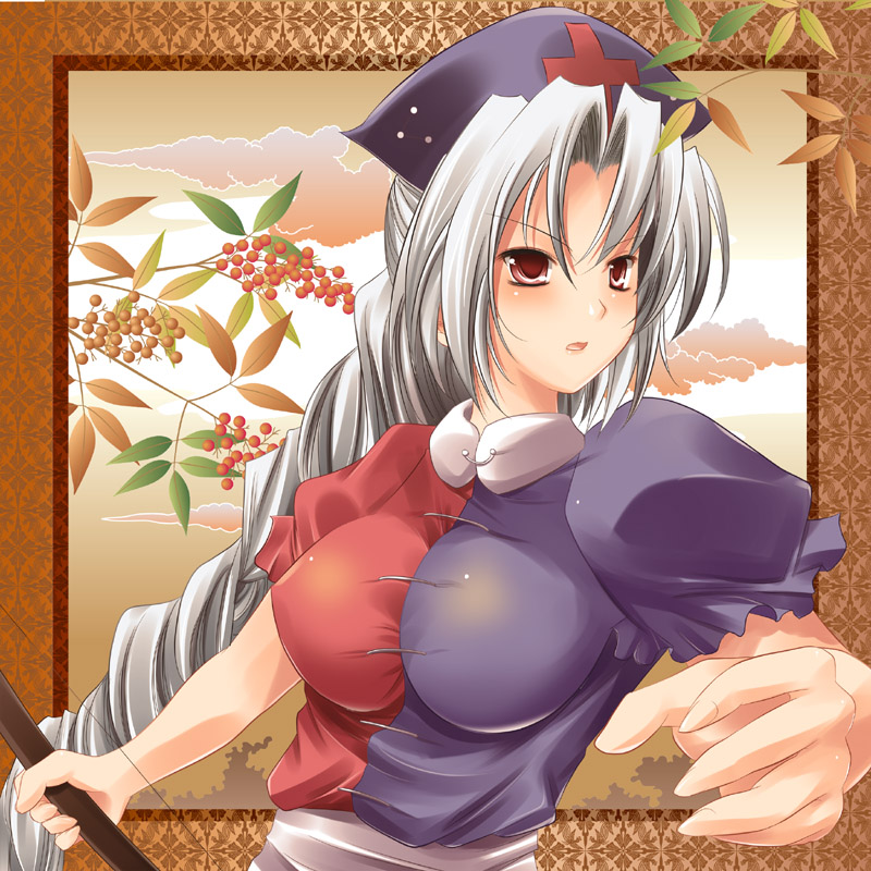 bow_(weapon) breasts hat large_breasts long_hair maki_(seventh_heaven_maxion) silver_hair solo touhou weapon yagokoro_eirin