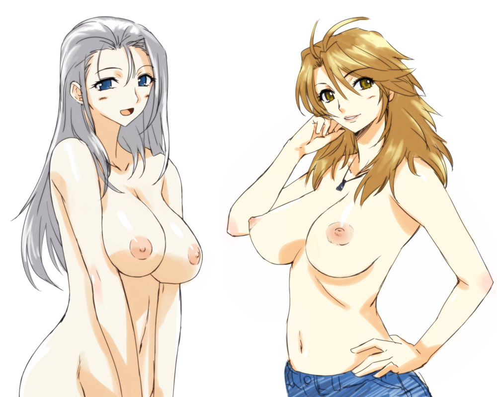 blue_eyes blue_shorts breasts brown_eyes brown_hair denim denim_shorts jewelry large_breasts long_hair looking_at_viewer michael multiple_girls necklace nipples nude original out-of-frame_censoring shorts silver_hair topless