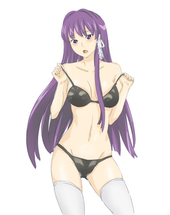 bra clannad fujibayashi_kyou hachimitsuboi lingerie long_hair panties purple_hair solo thighhighs underwear underwear_only