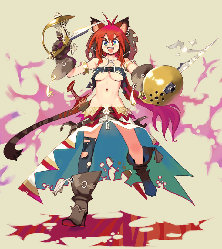 animal_ears asymmetrical_clothes breasts cat_ears earrings gloves green_eyes gun jewelry knife large_breasts long_hair midriff navel original red_hair reverse_grip ryoji_(nomura_ryouji) single_thighhigh solo tail thighhighs underboob weapon