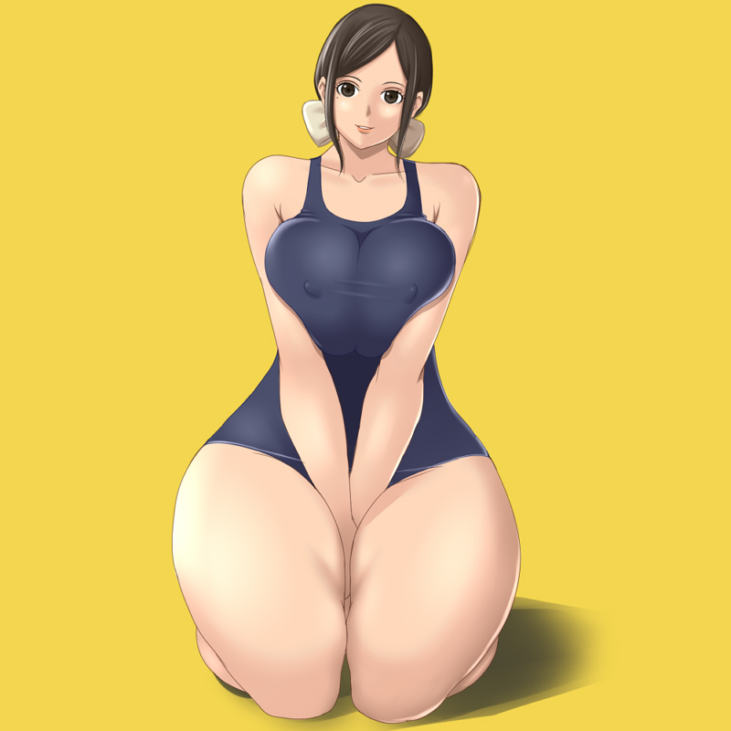bad_id bad_pixiv_id bare_shoulders bow breast_squeeze breasts brown_eyes brown_hair curvy hair_bow huge_breasts kneeling mole mole_under_eye monmonism one-piece_swimsuit original school_swimsuit short_hair smile solo swimsuit thick_thighs thighs wide_hips