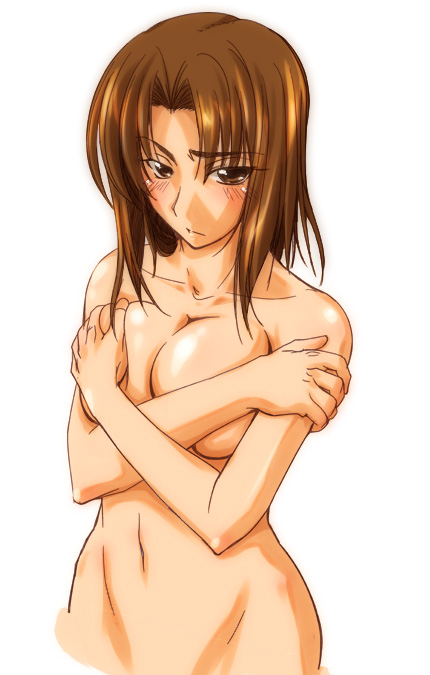 blush breast_hold breasts brown_eyes brown_hair covering crossed_arms fate/stay_night fate_(series) fue_(rhomphair) large_breasts mitsuzuri_ayako navel nude solo