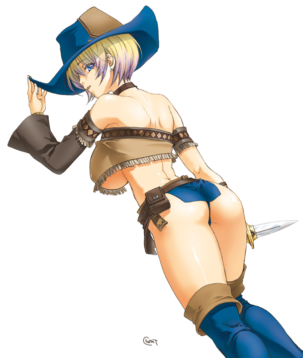 ass boots breasts cowboy_hat dagger fantasy_earth_zero fringe_trim hat huge_breasts knife solo tachibana_chata underboob weapon western
