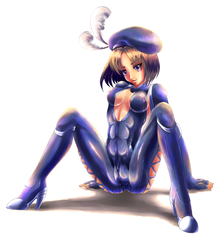 bad_id bad_pixiv_id bodysuit breasts brown_hair cameltoe character_request cleavage covered_nipples feathers hat high_heels key-chang large_breasts original purple_eyes shoes solo soulcalibur soulcalibur_iii spread_legs