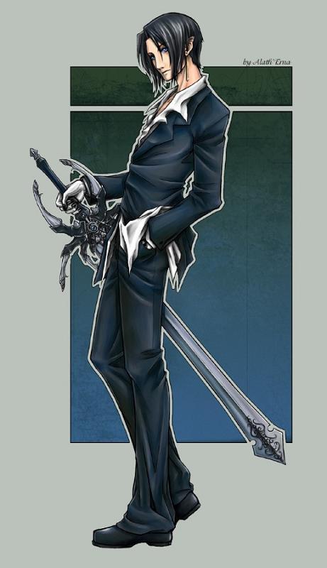 artist_request black_hair blue blue_eyes copyright_request earrings formal gloves jewelry male_focus solo suit sword weapon