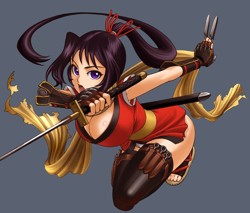 bad_id bad_pixiv_id black_hair breasts cleavage copyright_request fingerless_gloves gloves janome_gochou kunai large_breasts long_hair ninja ponytail purple_eyes scarf solo sword thigh_strap thighhighs weapon