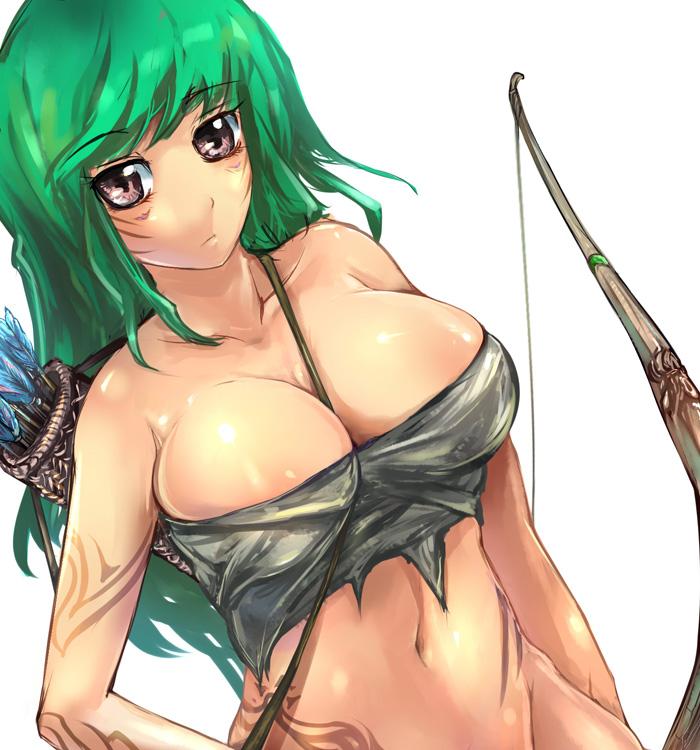 arrow bad_id bad_pixiv_id bare_shoulders bow_(weapon) breasts brown_eyes cleavage green_hair huge_breasts long_hair original quiver solo suoni_(deeperocean) tattoo weapon