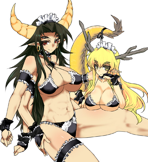 abs aoguu bad_id bad_pixiv_id bikini blonde_hair breasts dragon_girl earrings eyes futaba_channel green_hair horns huge_breasts jewelry kouryuu_(nijiura_maid) maid_bikini maid_headdress micro_bikini monster_girl multiple_arms multiple_girls nijiura_maids pointy_ears red_eyes shiyuu_(nijiura_maid) smile swimsuit tail yellow_eyes