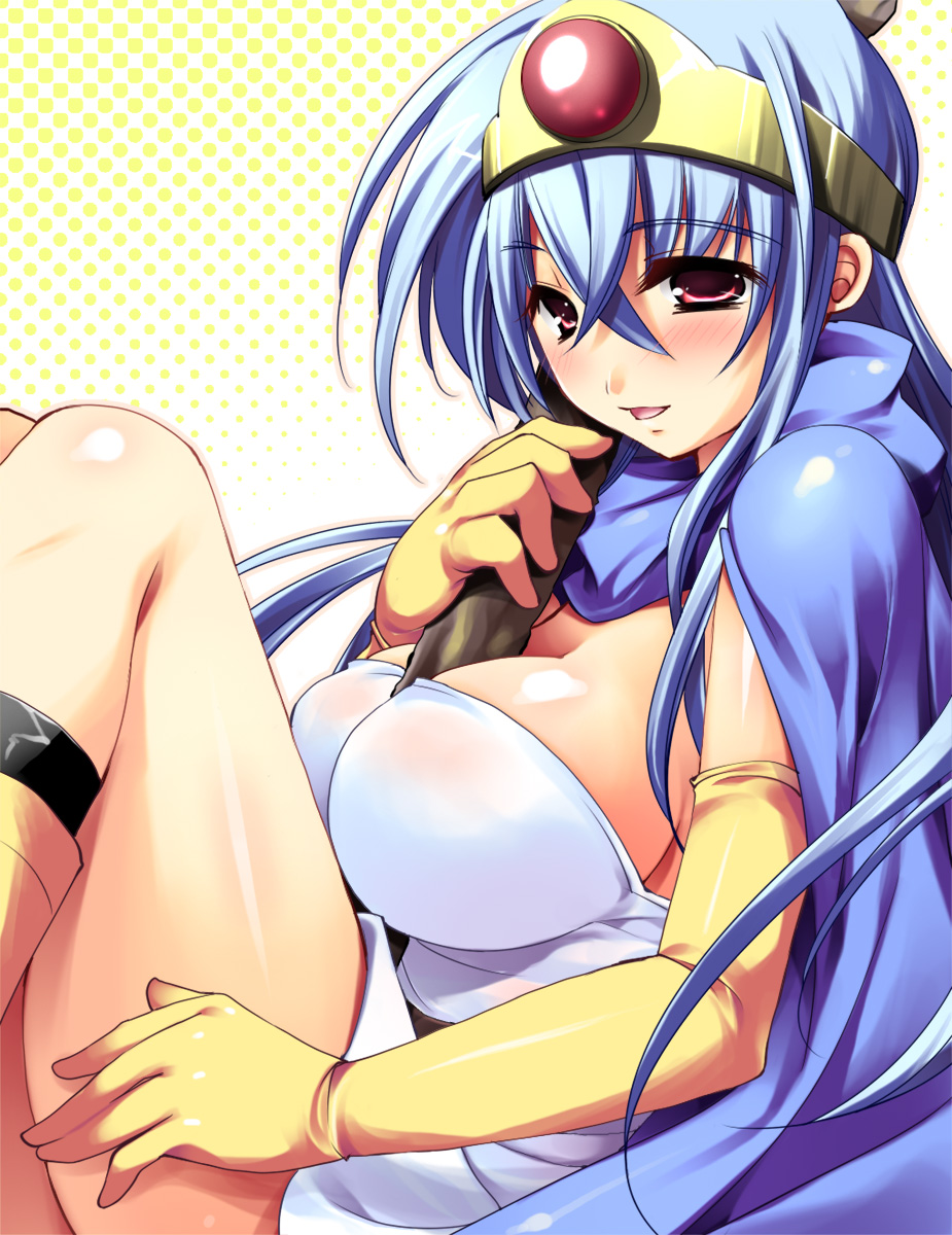 between_breasts blue_hair breasts circlet dragon_quest dragon_quest_iii elbow_gloves gloves highres large_breasts latex latex_gloves ookami_ryousuke red_eyes sage_(dq3) sitting solo staff