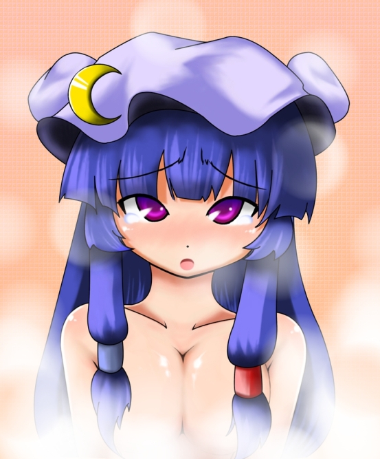 ao_bouzu bad_id bad_pixiv_id blue_hair blush breasts censored convenient_censoring hair_over_breasts hat large_breasts long_hair nude patchouli_knowledge purple_eyes solo tears touhou