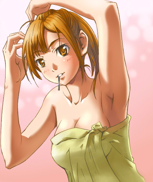breasts brown_hair cleavage copyright_request medium_breasts naked_towel nishiwaki ponytail solo towel