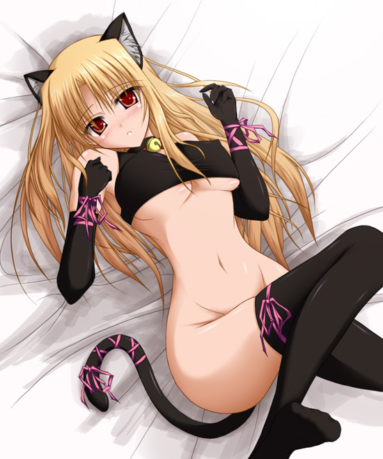 animal_ears bed bell bell_collar blonde_hair blush bottomless breasts cat_ears collar covered_nipples elbow_gloves fate_testarossa gloves long_hair lying lyrical_nanoha mahou_shoujo_lyrical_nanoha_strikers medium_breasts red_eyes solo taana tail thighhighs underboob