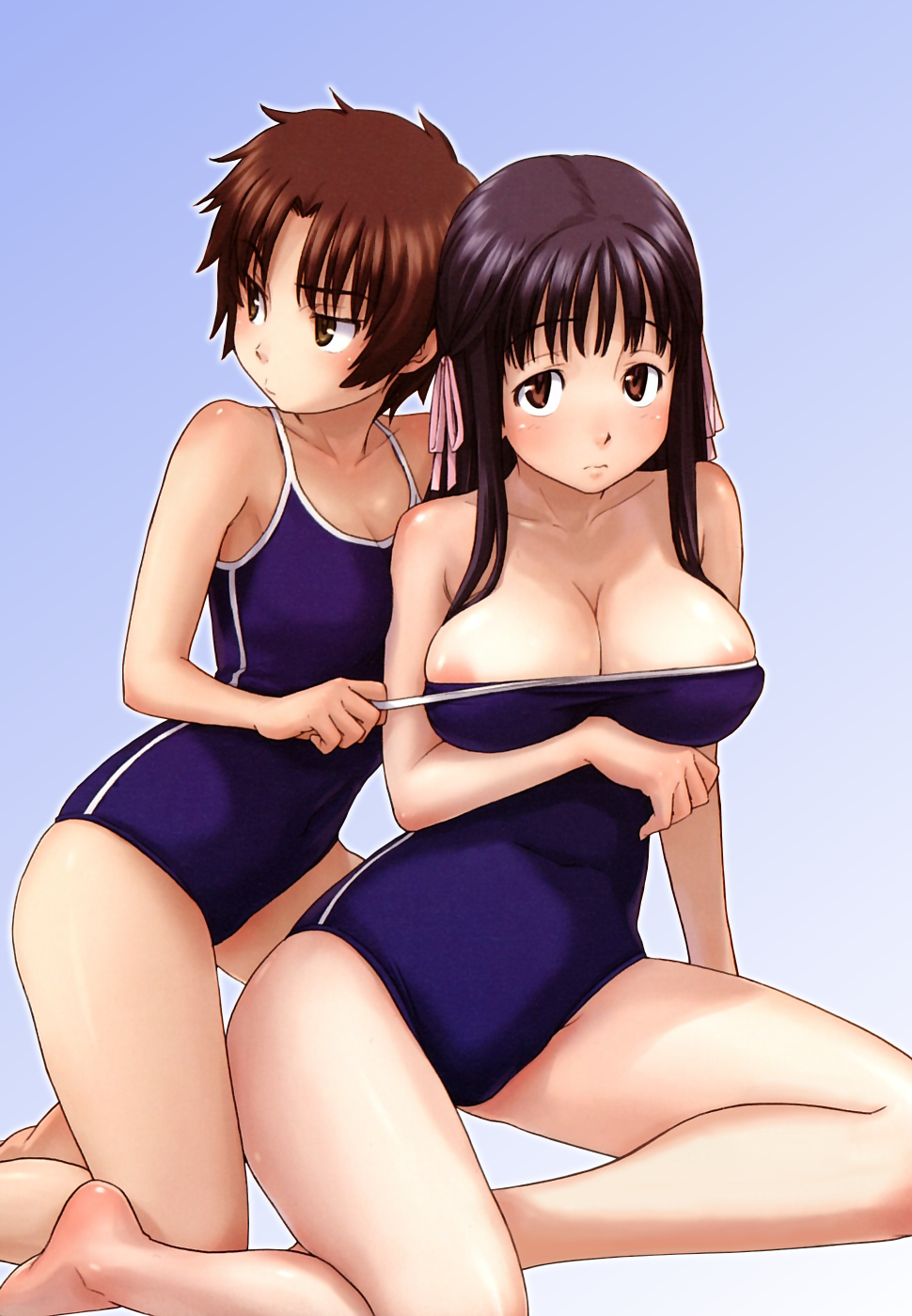 areolae assisted_exposure breasts brown_hair cleavage competition_school_swimsuit eri_(two_quarters) flat_chest highres large_breasts multiple_girls naruko_hanaharu nipples one-piece_swimsuit scan school_swimsuit short_hair shoujo_material swimsuit swimsuit_pull two_quarters_(shoujo_material) undressing yoshida_chiaki