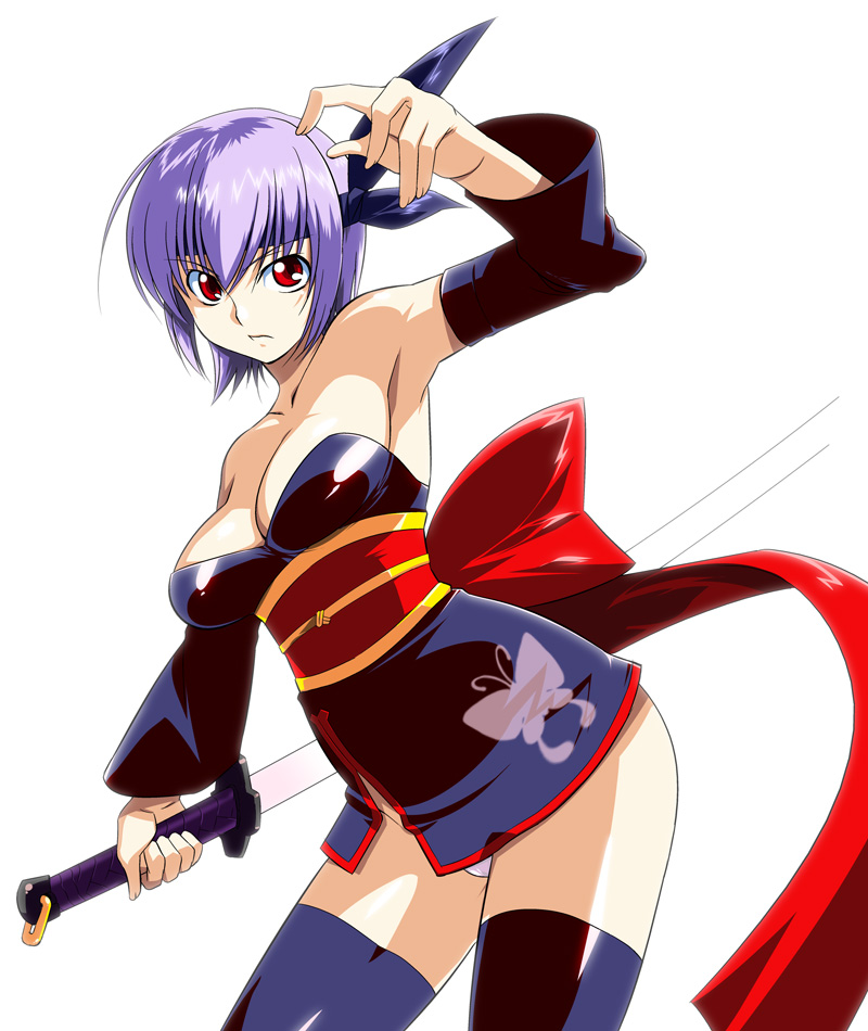 armpits ayane_(doa) bow breasts cleavage dead_or_alive detached_sleeves face hands headband large_breasts panties purple_hair red_eyes short_hair solo sword takase_hironori thighhighs underwear weapon