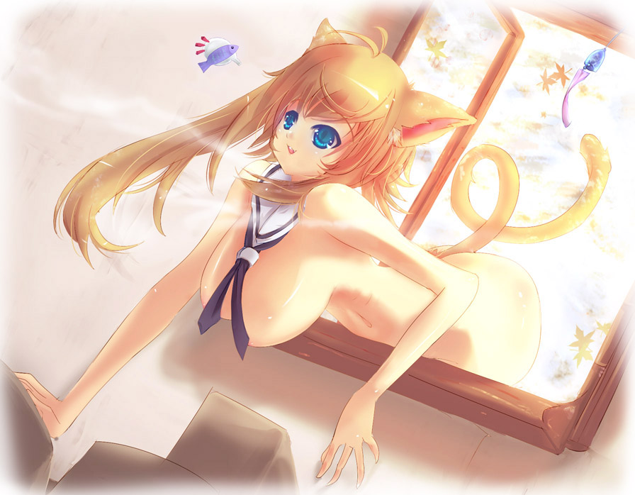 animal_ears bad_id bad_pixiv_id breasts cat_ears cat_tail copyright_request fish hanging_breasts huge_breasts long_hair nude senria solo tail