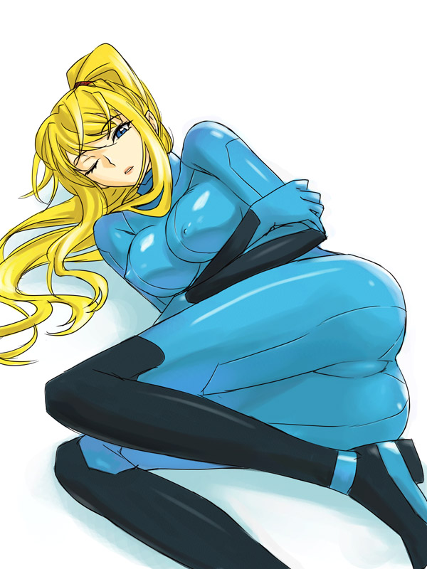 ass blonde_hair blue_eyes bodysuit breast_hold breasts covered_nipples crossed_arms large_breasts long_hair lying metroid michael nipples on_side one_eye_closed ponytail samus_aran solo zero_suit