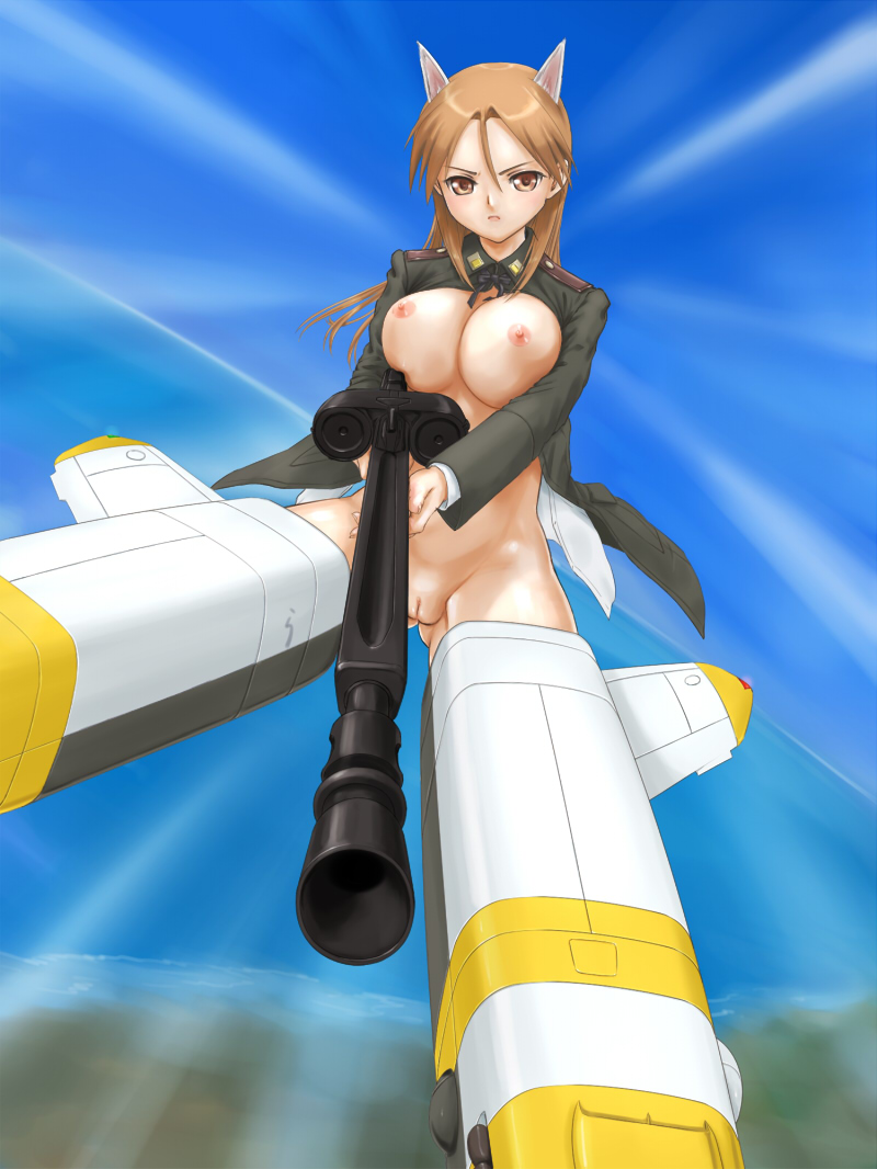 animal_ears breasts brown_eyes brown_hair flying gun large_breasts long_hair mecha midair minna-dietlinde_wilcke nipples no_panties open_clothes open_shirt pussy rasukaru rifle shirt solo strike_witches weapon world_witches_series