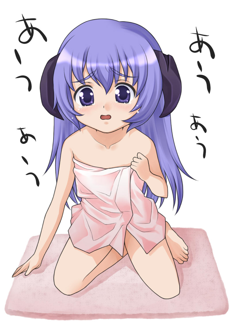 artist_request blue_eyes embarrassed hanyuu higurashi_no_naku_koro_ni horns kneeling long_hair naked_towel purple_hair solo towel