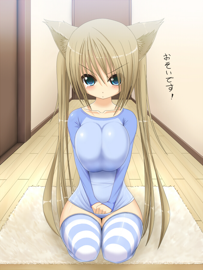 angry animal_ears blue_eyes blush breast_squeeze breasts brown_hair cat_ears covering covering_crotch huge_breasts impossible_clothes impossible_shirt kneeling long_hair original raglan_sleeves shirt shirt_tug shuz_(dodidu) solo striped striped_legwear tears thighhighs translated