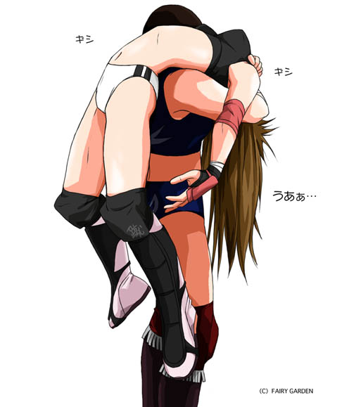backbreaker boots brown_hair gloves multiple_girls submission_hold wrestling