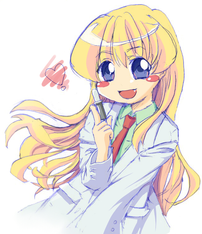 :d blonde_hair blue_eyes blush_stickers chikuwan heart index_finger_raised labcoat long_hair long_sleeves looking_at_viewer necktie open_mouth pani_poni_dash! rebecca_miyamoto red_neckwear smile solo very_long_hair