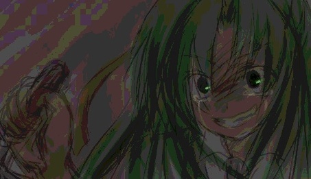 artist_request green_eyes green_hair higurashi_no_naku_koro_ni knife lowres meakashi-hen ribbon school_uniform solo sonozaki_shion tears yandere