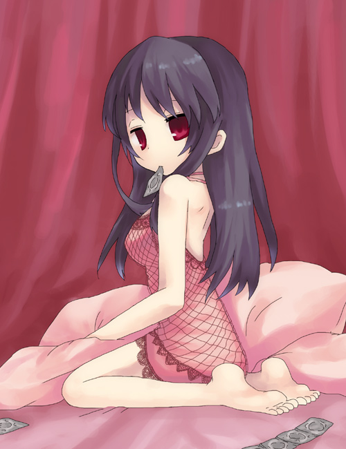 bad_id bad_pixiv_id bed black_hair breasts chemise condom condom_in_mouth fumi_(xxthink) kneeling long_hair medium_breasts mouth_hold original red_eyes solo