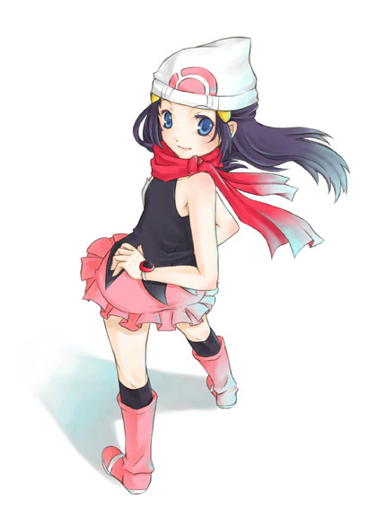 artist_request beanie blue_eyes blue_hair boots full_body hat hikari_(pokemon) long_hair looking_up pink_footwear pokemon red_scarf scarf simple_background skirt solo standing white_background