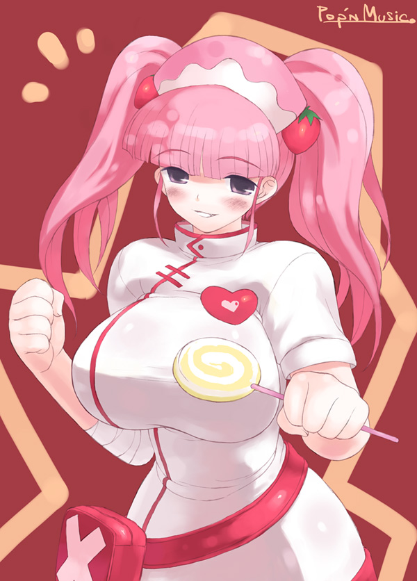 breasts candy fang food food_themed_clothes huge_breasts lollipop milk_(pop'n_music) mutsutake nurse pink_hair pop'n_music purple_eyes solo swirl_lollipop twintails