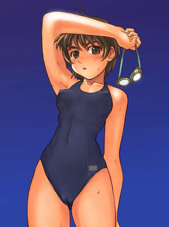 artist_request blue_background breasts brown_eyes brown_hair cameltoe copyright_request covered_nipples medium_breasts one-piece_swimsuit school_swimsuit short_hair solo swimsuit wet