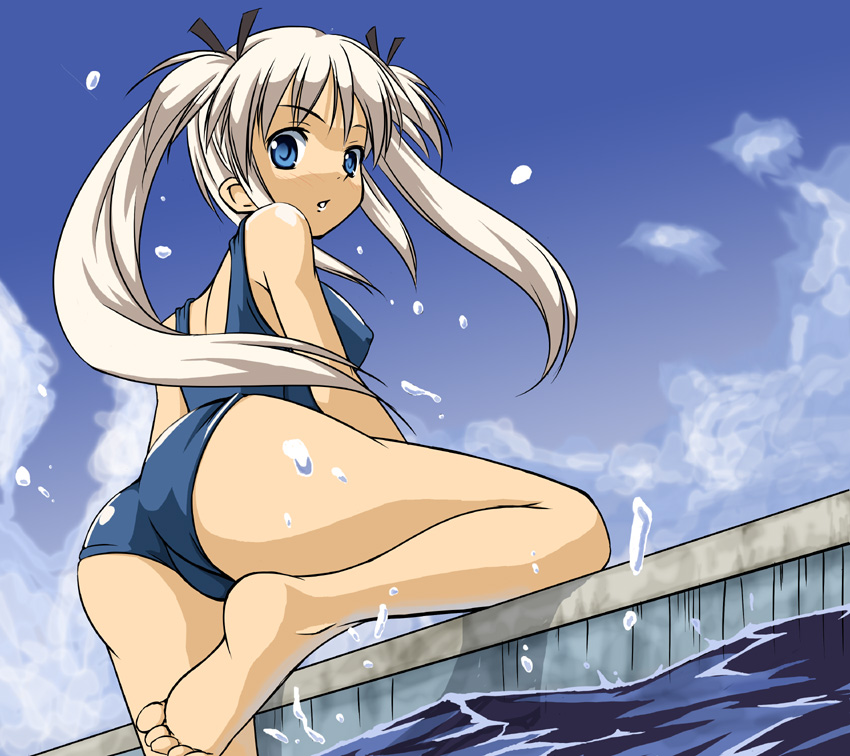artist_request ass blue_eyes copyright_request day from_below hair_ribbon looking_at_viewer one-piece_swimsuit outdoors parted_lips pool poolside ribbon school_swimsuit silver_hair sky solo swimsuit twintails