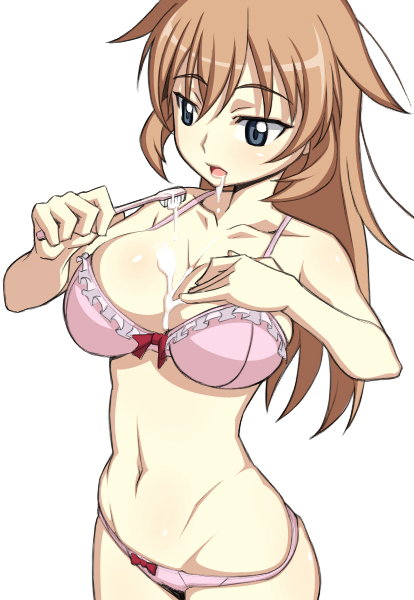 blue_eyes bra breasts brown_hair brushing_teeth caryo charlotte_e_yeager cleavage curvy groin large_breasts lingerie long_hair nanashino panties saliva sexually_suggestive solo strike_witches toothbrush underwear underwear_only world_witches_series